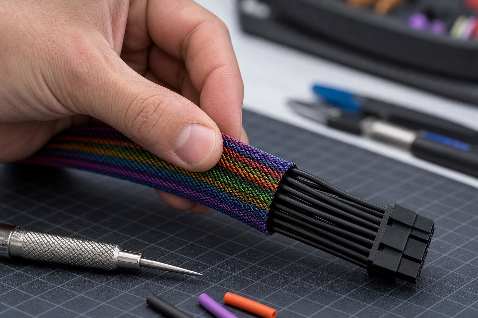 Tecnico che intreccia a mano un cavo con sleeving paracord su un banco di lavoro