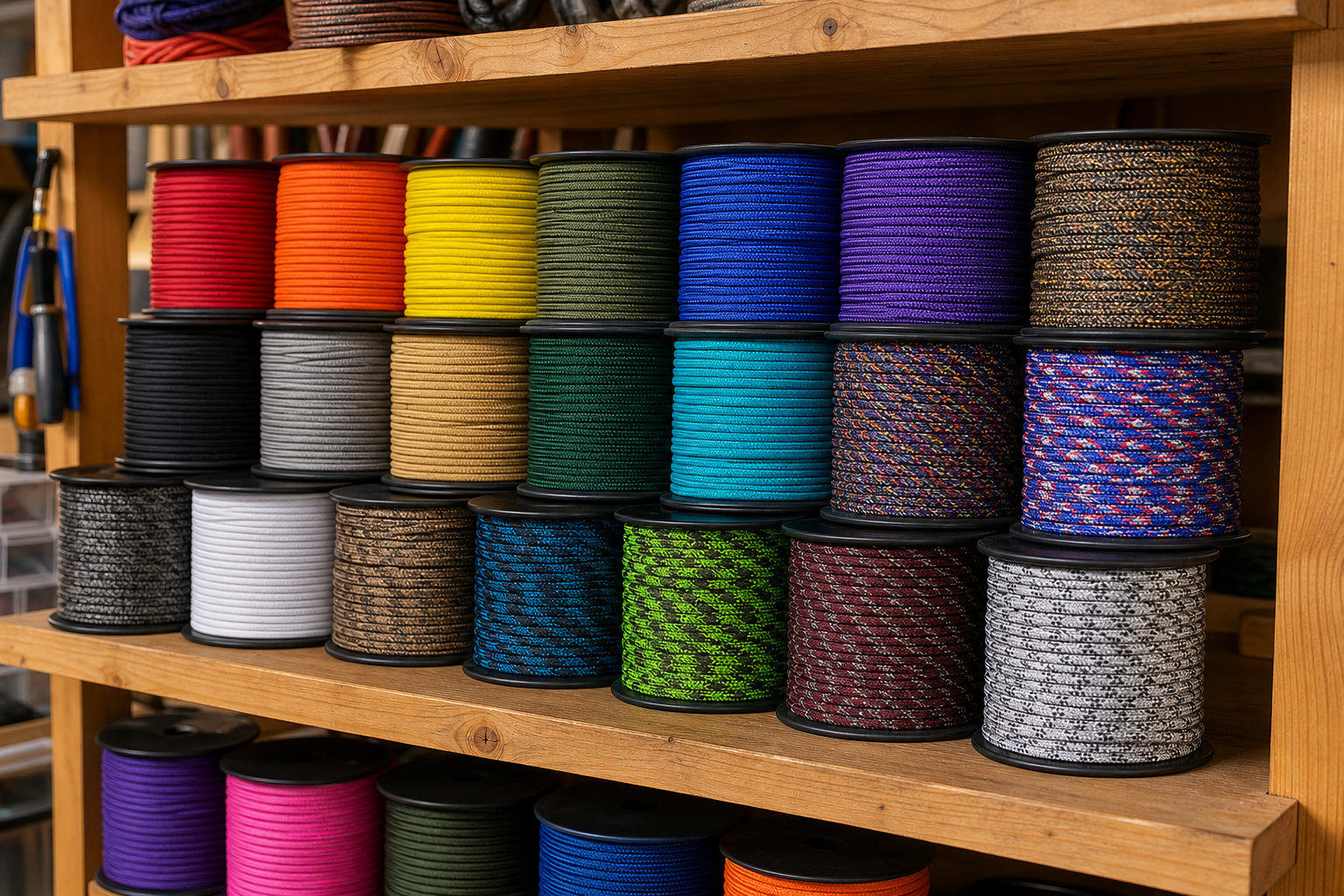 Scaffale con spool di paracord colorato per sleeving di cavi PC
