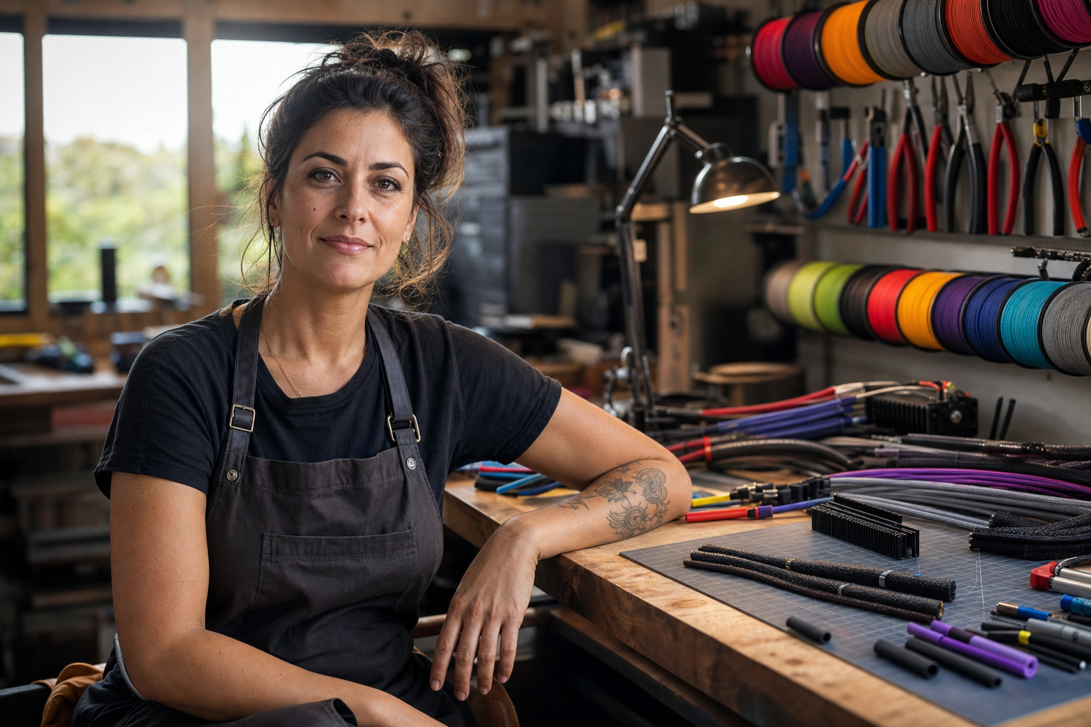 Alessia Rossetti al banco di lavoro dello studio Cablaggio a Modena
